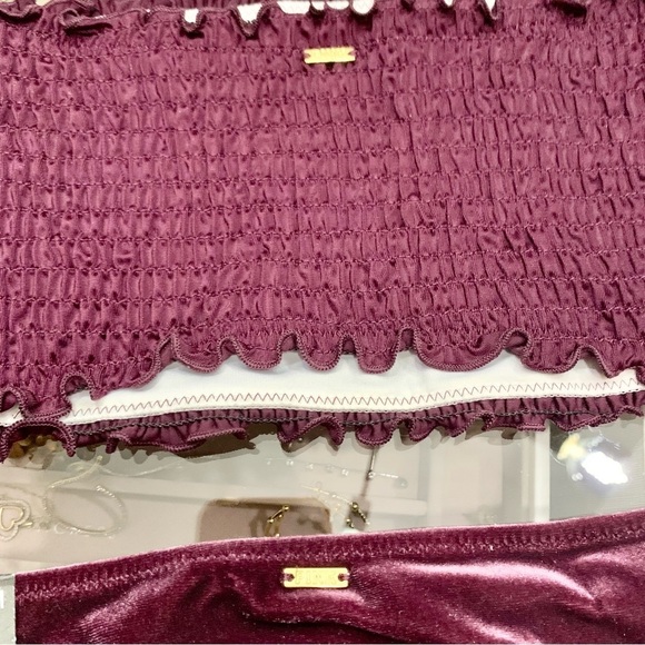 VS PINK Maroon Dark Red Smocked Crop Top Velvet String Mini Bikini Swimsuit - Picture 8 of 12